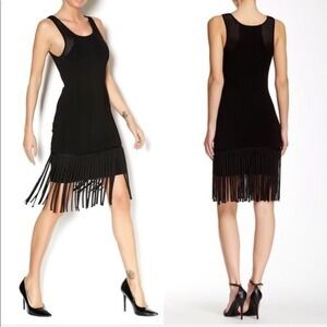Shoshanna Womens Fringe Hem Perforated Knit Sheath Dress Black Size Large NWT